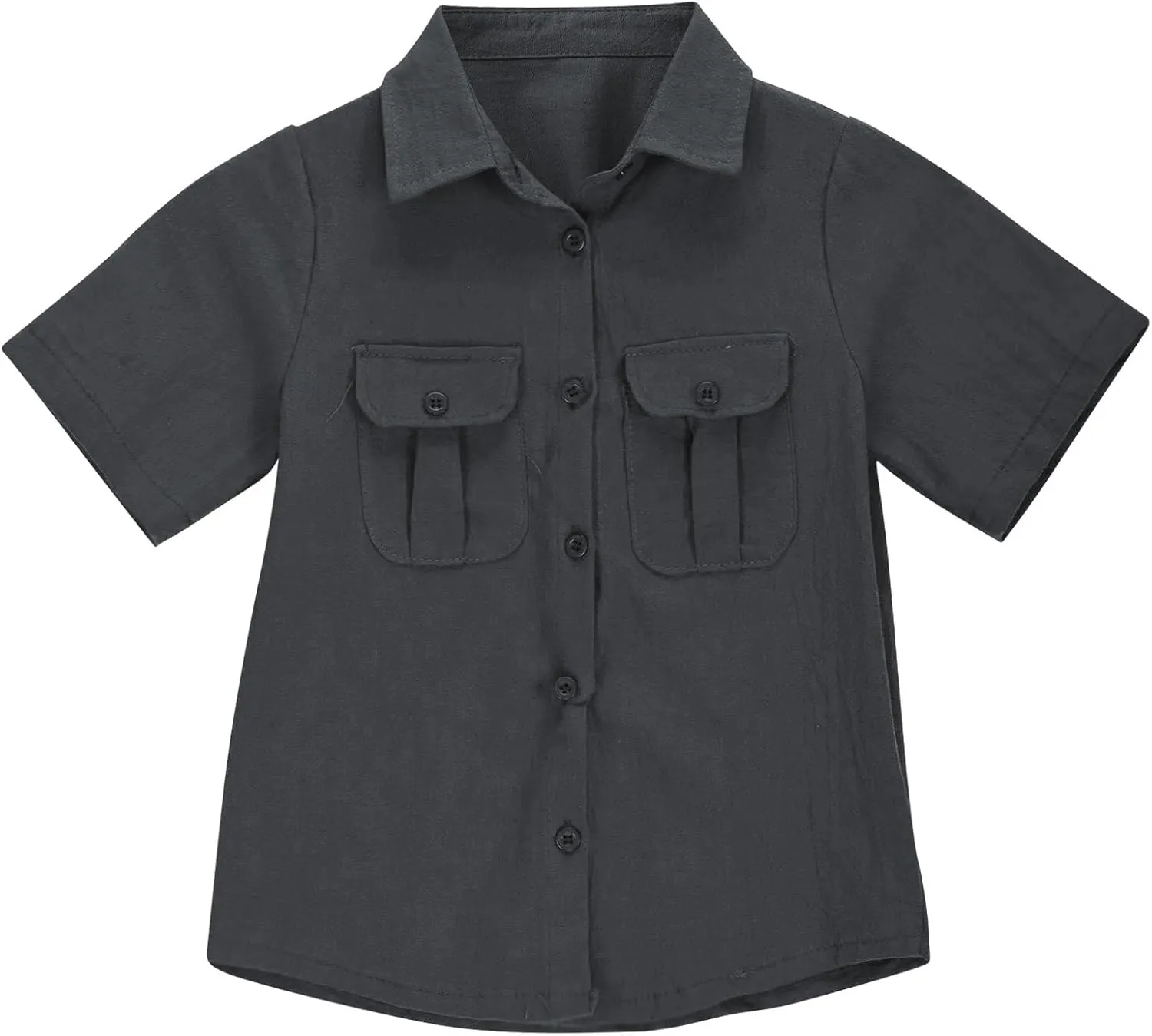 Boys' Short Sleeve Dress Shirts Classic Collared Button-Down T Shirt Solid Color Cotton Linen Tops with Chest Pocket