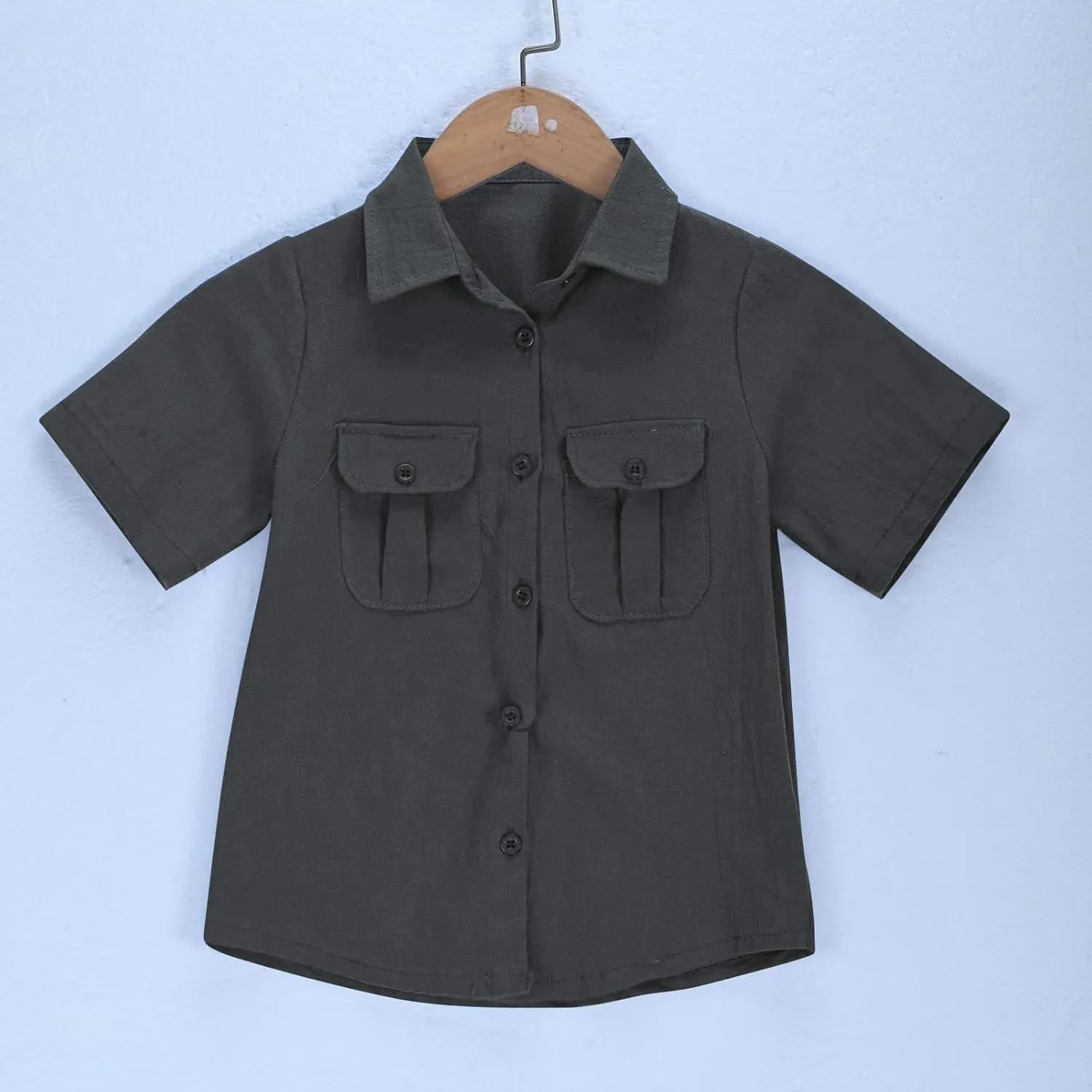 Boys' Short Sleeve Dress Shirts Classic Collared Button-Down T Shirt Solid Color Cotton Linen Tops with Chest Pocket