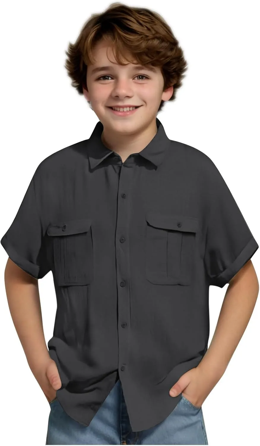 Boys' Short Sleeve Dress Shirts Classic Collared Button-Down T Shirt Solid Color Cotton Linen Tops with Chest Pocket