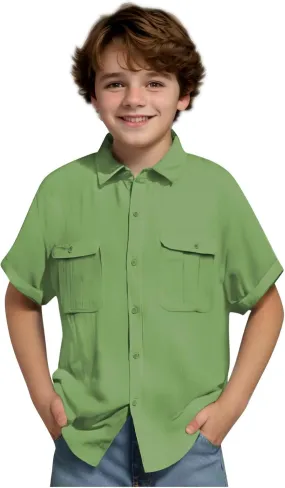 Boys' Short Sleeve Dress Shirts Classic Collared Button-Down T Shirt Solid Color Cotton Linen Tops with Chest Pocket