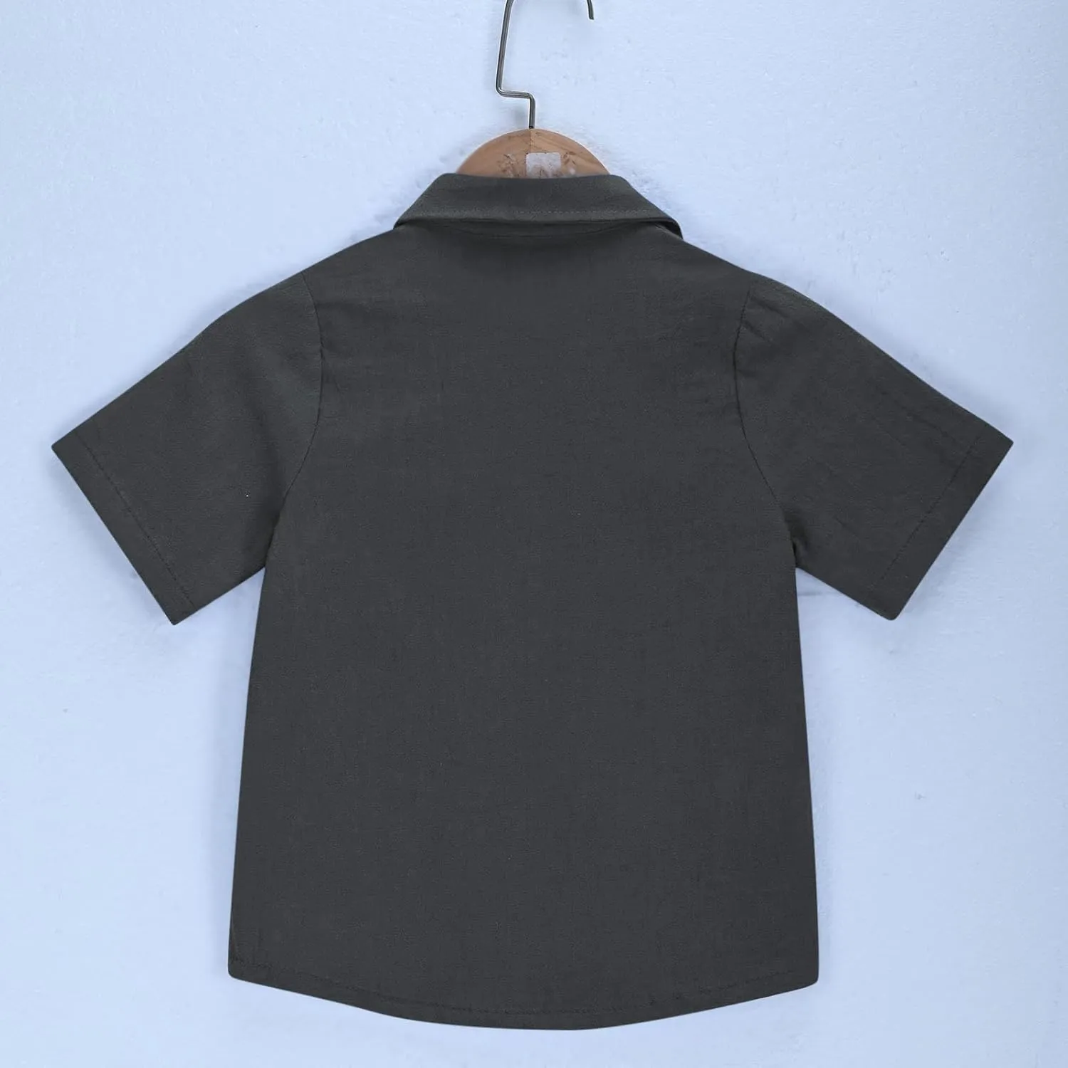 Boys' Short Sleeve Dress Shirts Classic Collared Button-Down T Shirt Solid Color Cotton Linen Tops with Chest Pocket