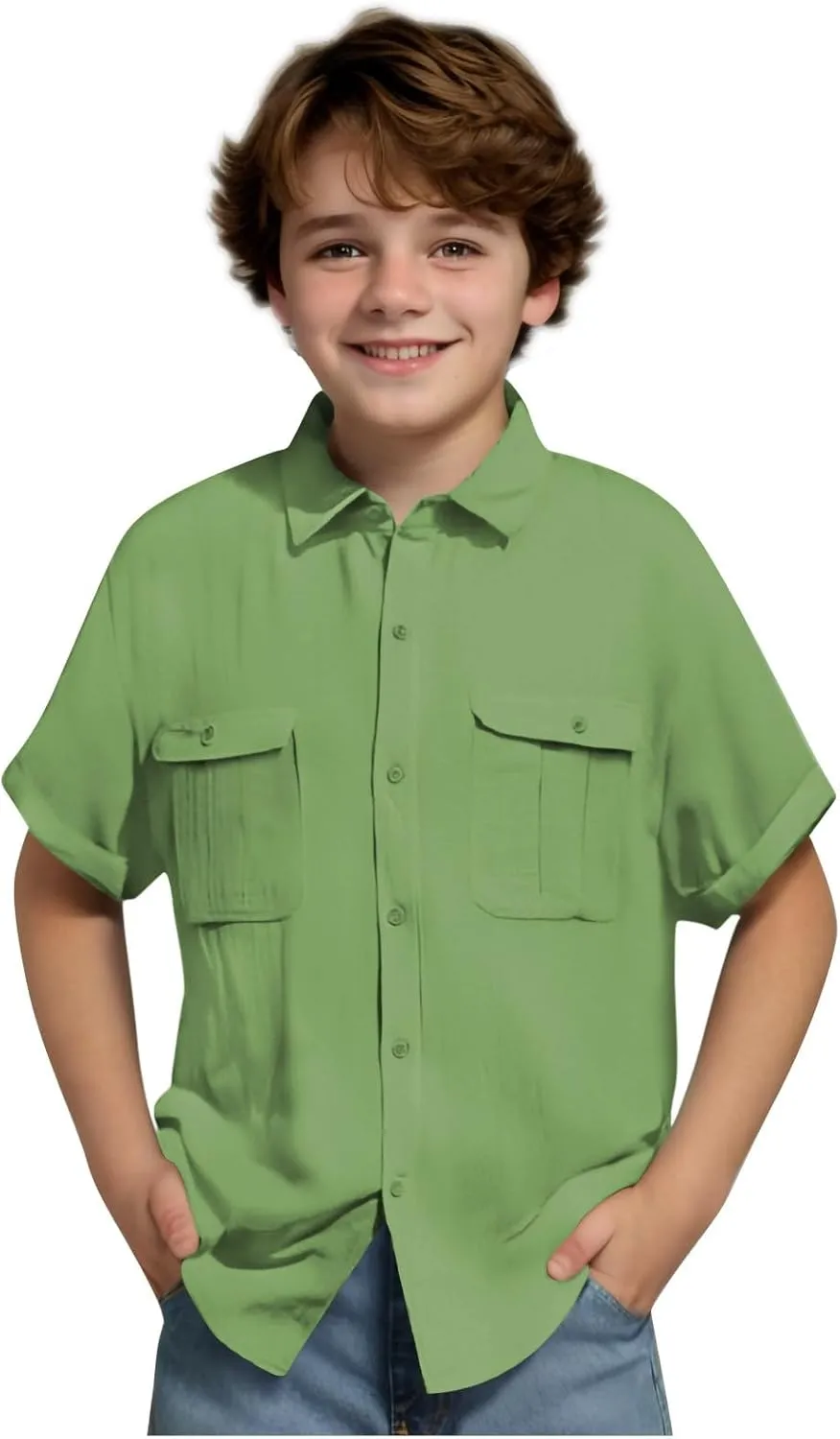 Boys' Short Sleeve Dress Shirts Classic Collared Button-Down T Shirt Solid Color Cotton Linen Tops with Chest Pocket