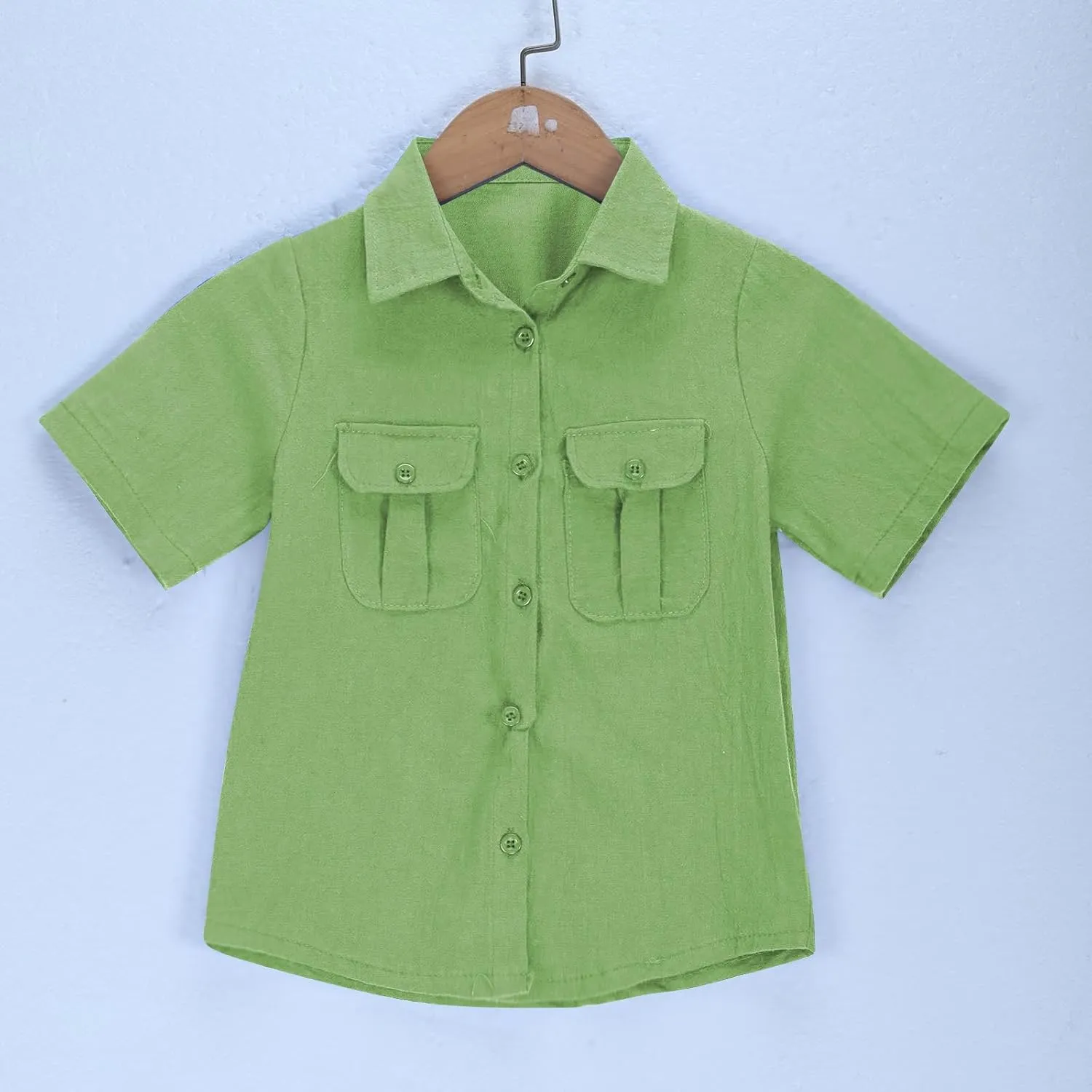 Boys' Short Sleeve Dress Shirts Classic Collared Button-Down T Shirt Solid Color Cotton Linen Tops with Chest Pocket