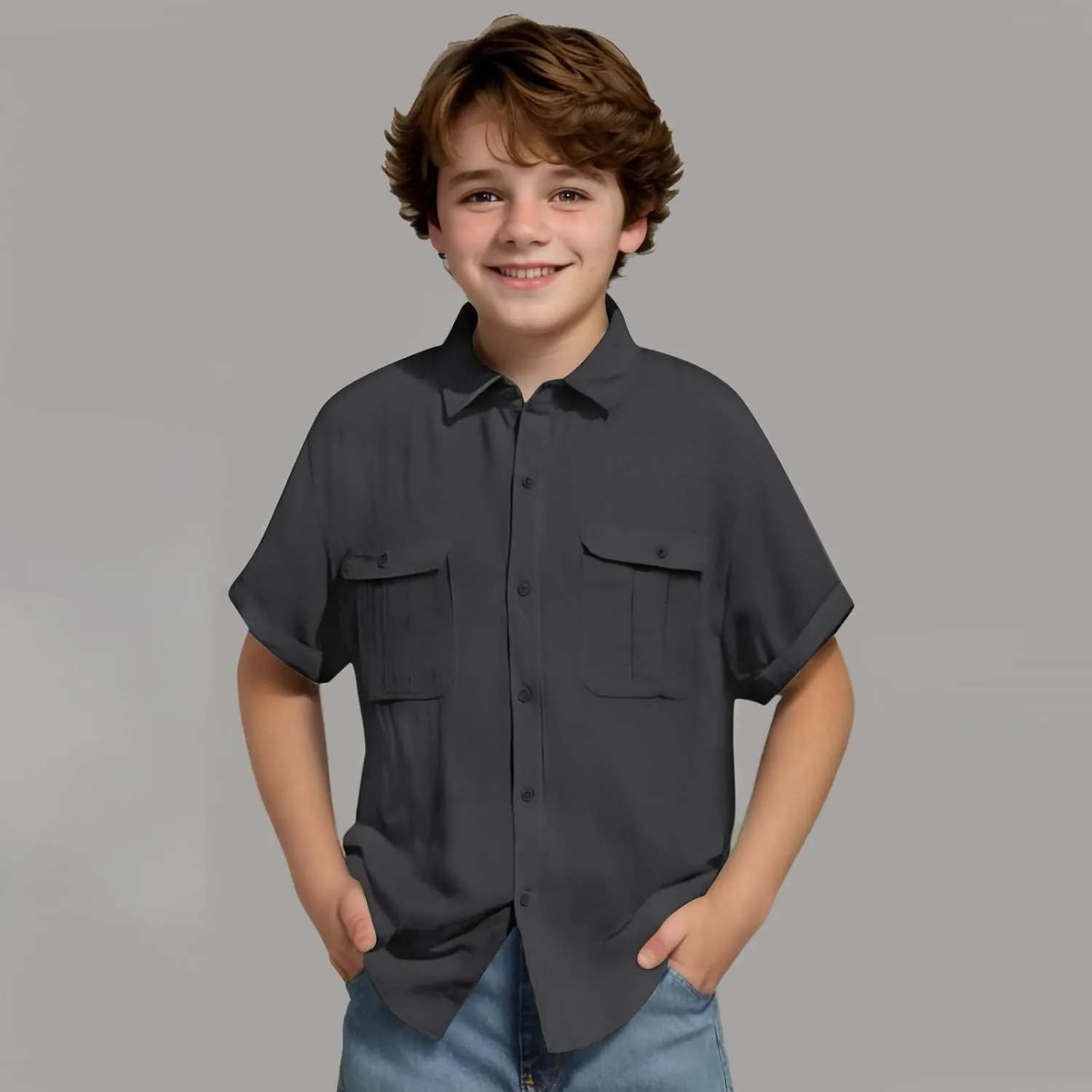 Boys' Short Sleeve Dress Shirts Classic Collared Button-Down T Shirt Solid Color Cotton Linen Tops with Chest Pocket