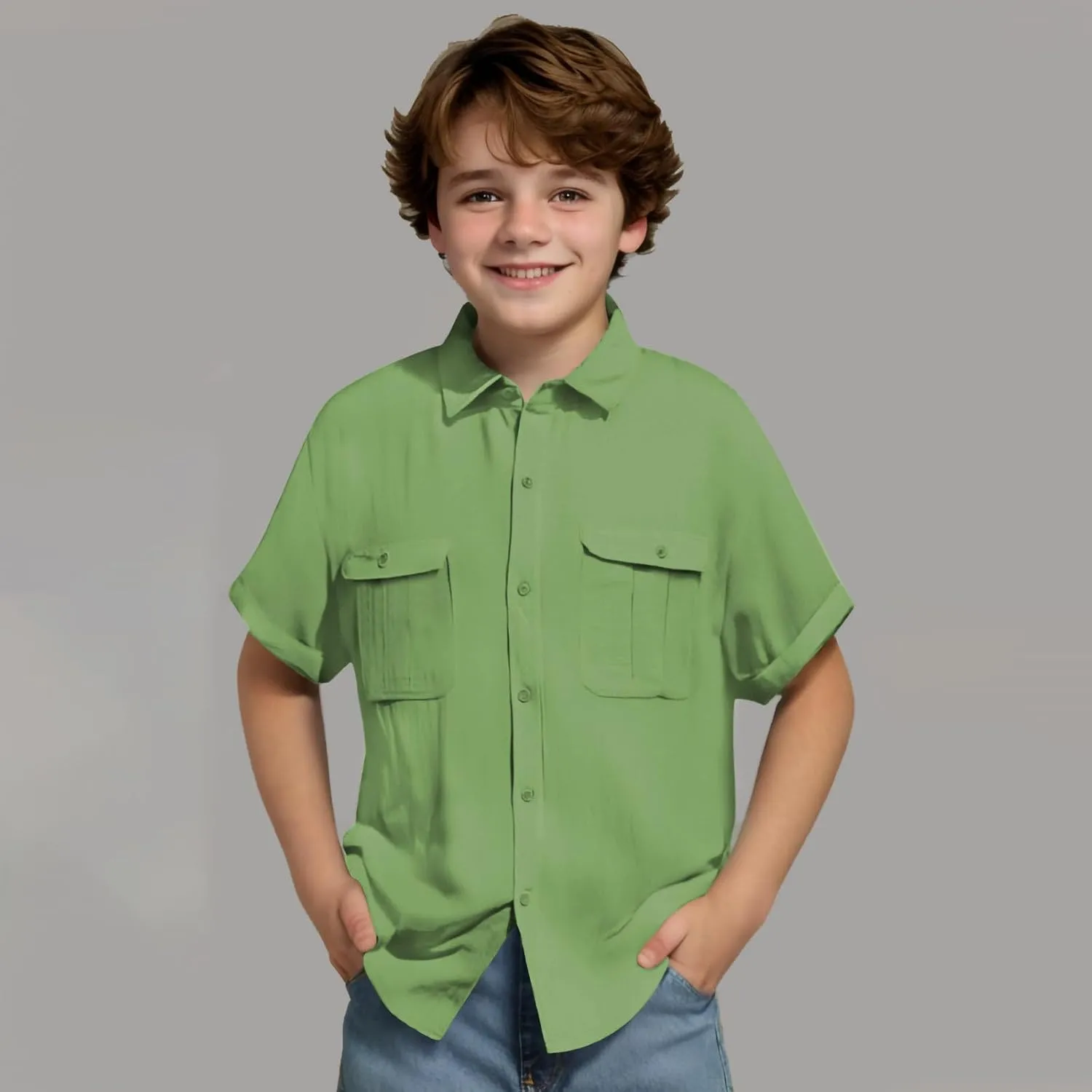 Boys' Short Sleeve Dress Shirts Classic Collared Button-Down T Shirt Solid Color Cotton Linen Tops with Chest Pocket