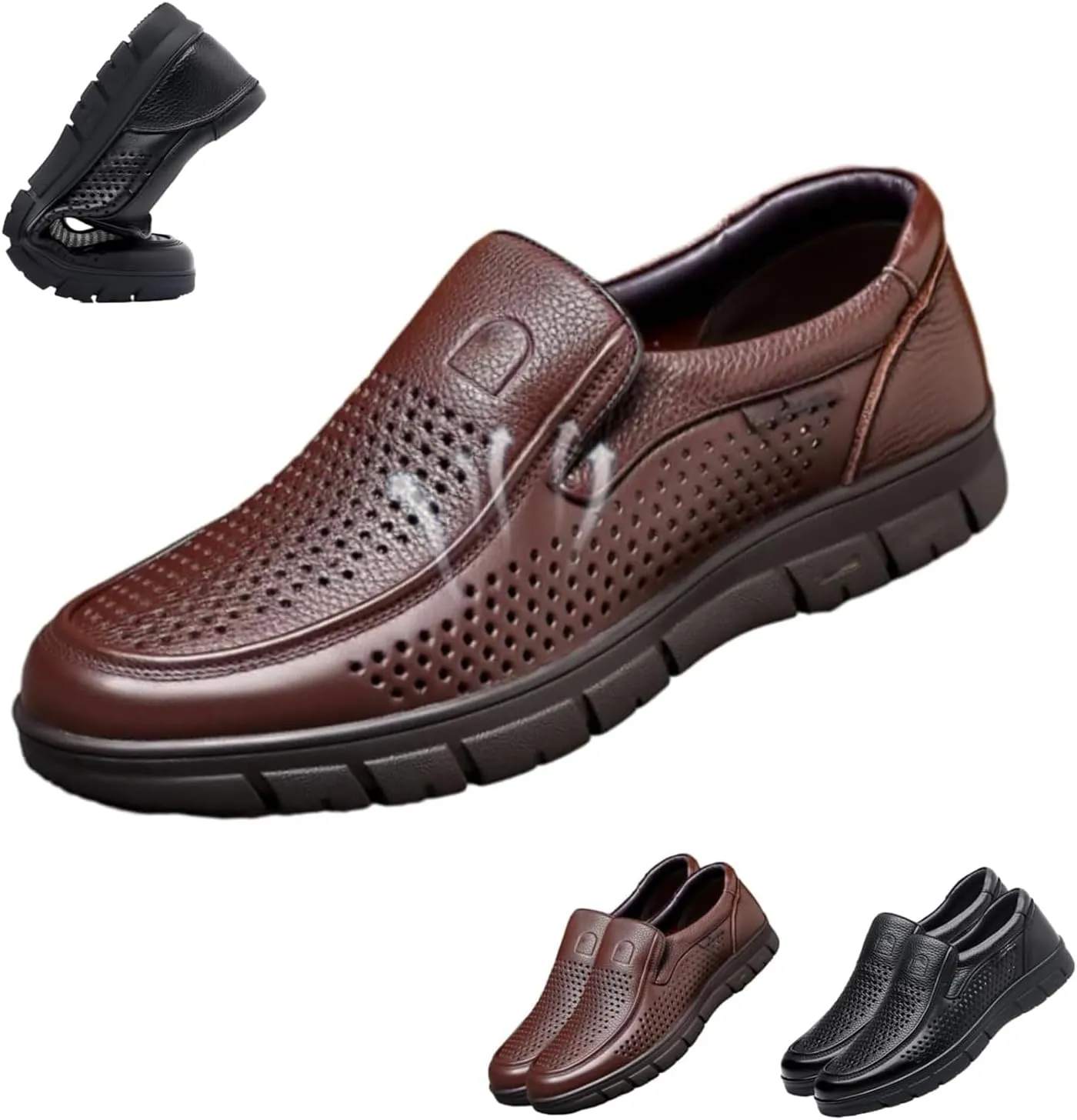 Breathable Business Casual Men's Leather Shoes, Summer Mesh Lightweight Soft Leather Moccasins Slip-On Walking Shoes