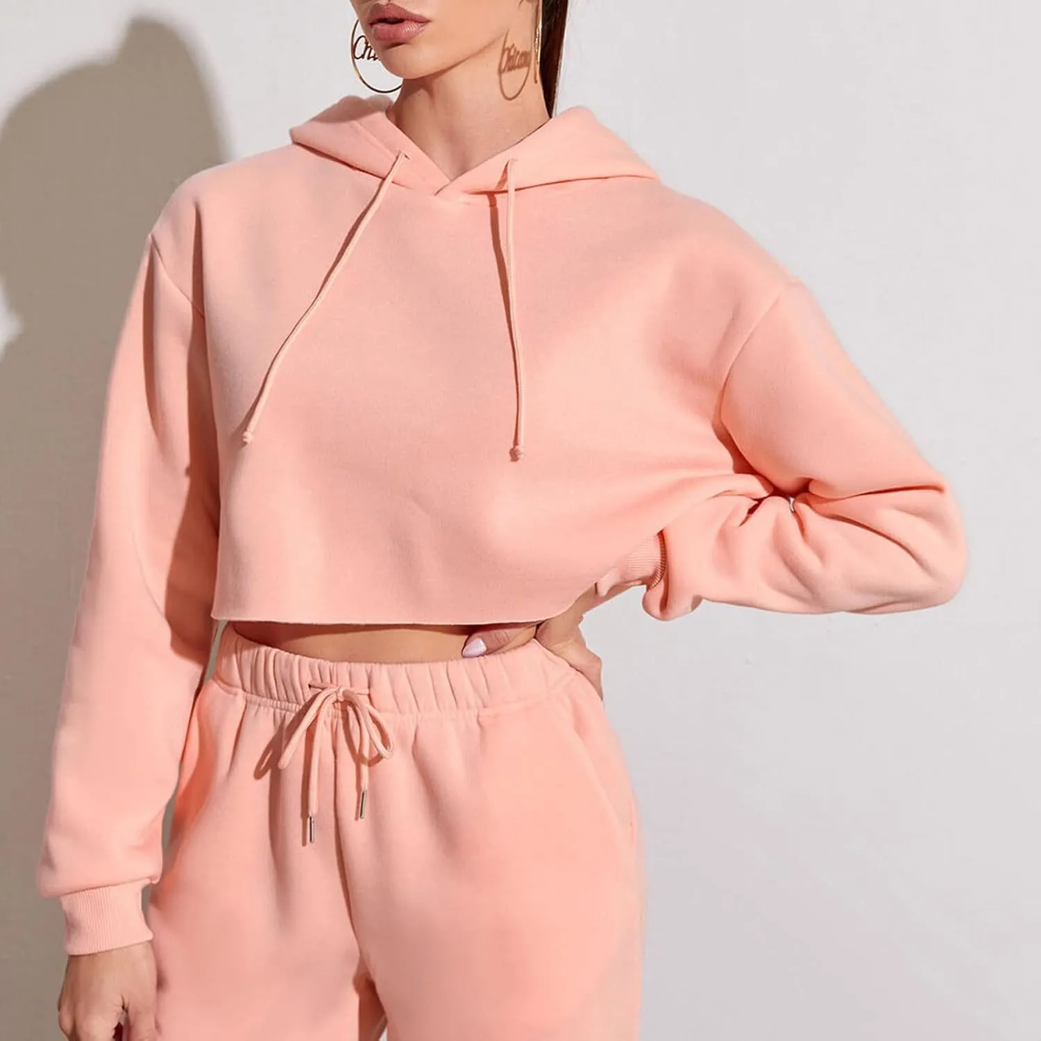 BTDECLAR Womens Casual Cropped Hoodie Fashion Fleece Long Sleeve Crop Tops Drawstring Hooded Pullover Athletic Sweatshirts