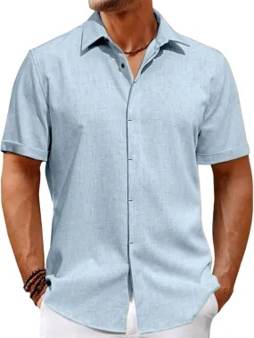 Button Down Shirt for Men Summer Linen Shirts Fashion Texture Short Sleeve Casual Shirts Beach Vacation Wedding Tops