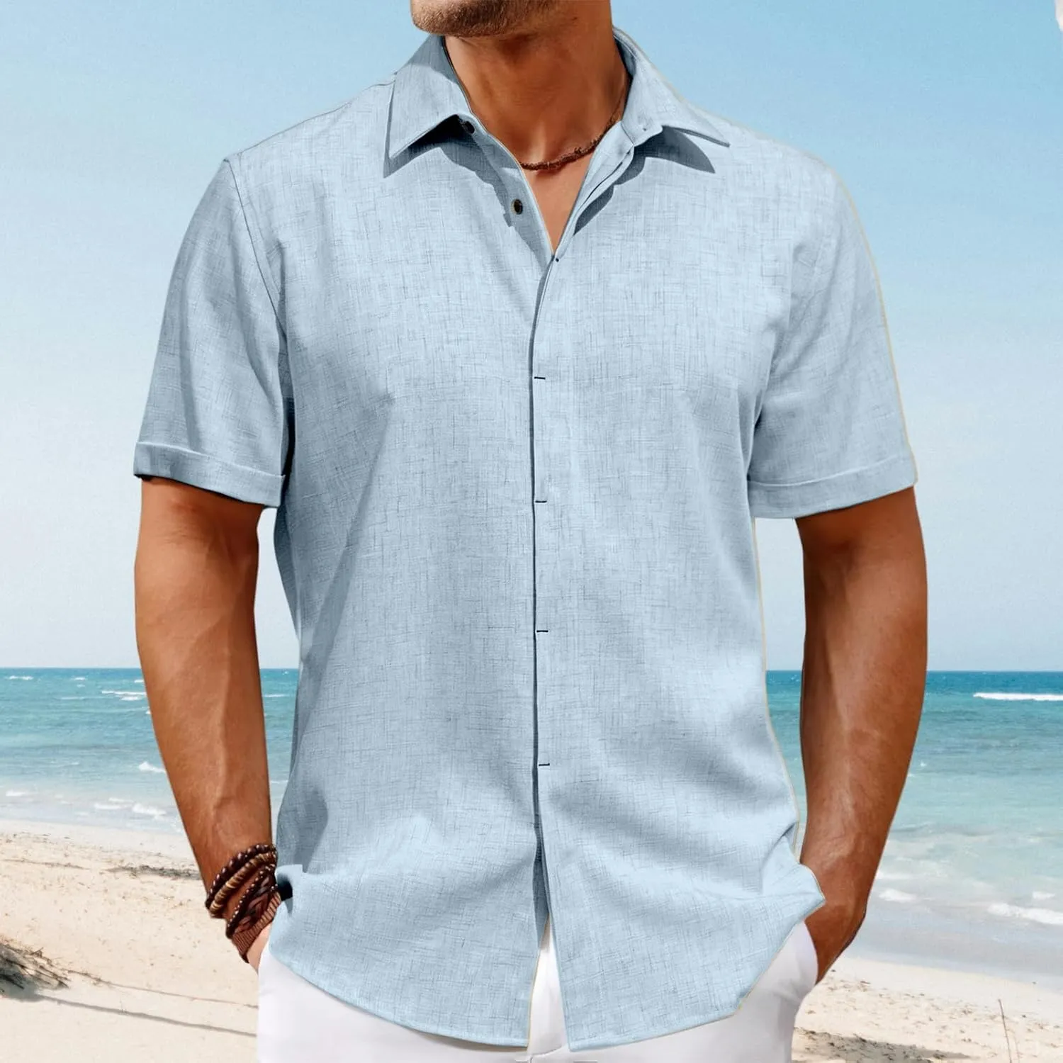 Button Down Shirt for Men Summer Linen Shirts Fashion Texture Short Sleeve Casual Shirts Beach Vacation Wedding Tops