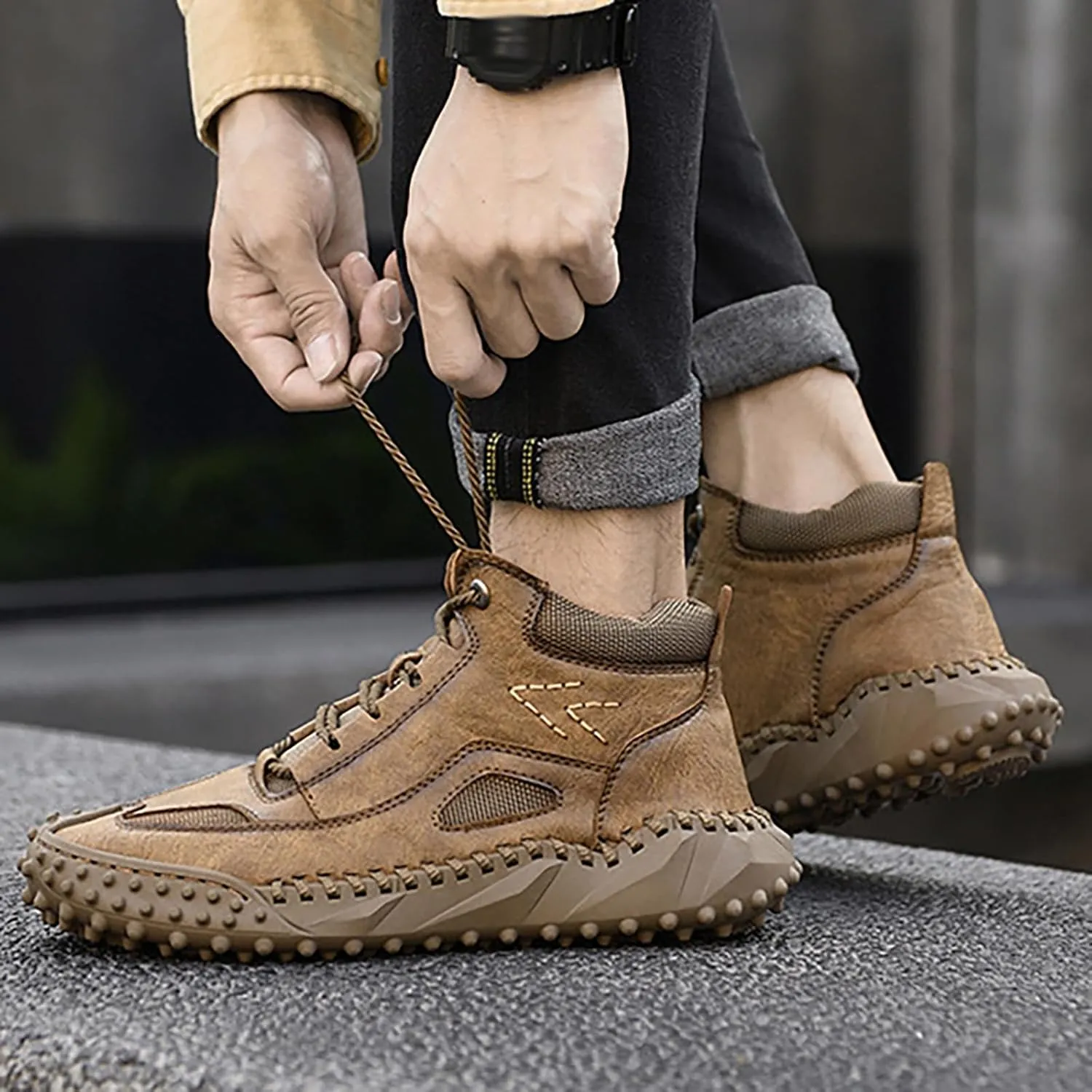 Casual Leather Ankle Boots Men's High Top Outdoor Non Slip Winter Fleece-Lined fashion Boots Laced Trendy Comfort Hiking Sports Snow Footwear