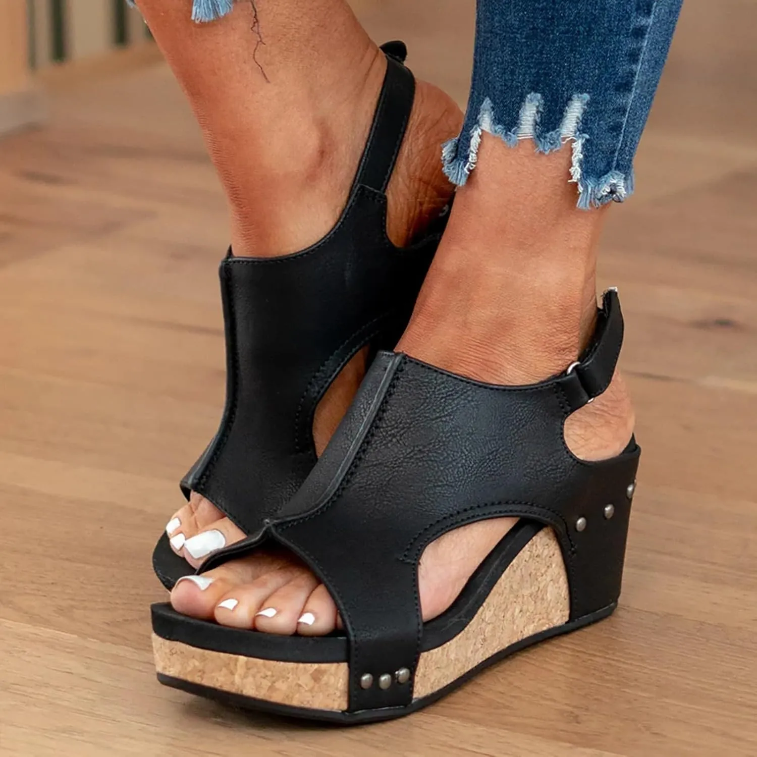 Cathalem Womens Sandals 2024,Womens Open Toe Espadrilles Platform Sandals Ankle Strap Low Wedges Walking Slip on Sandals