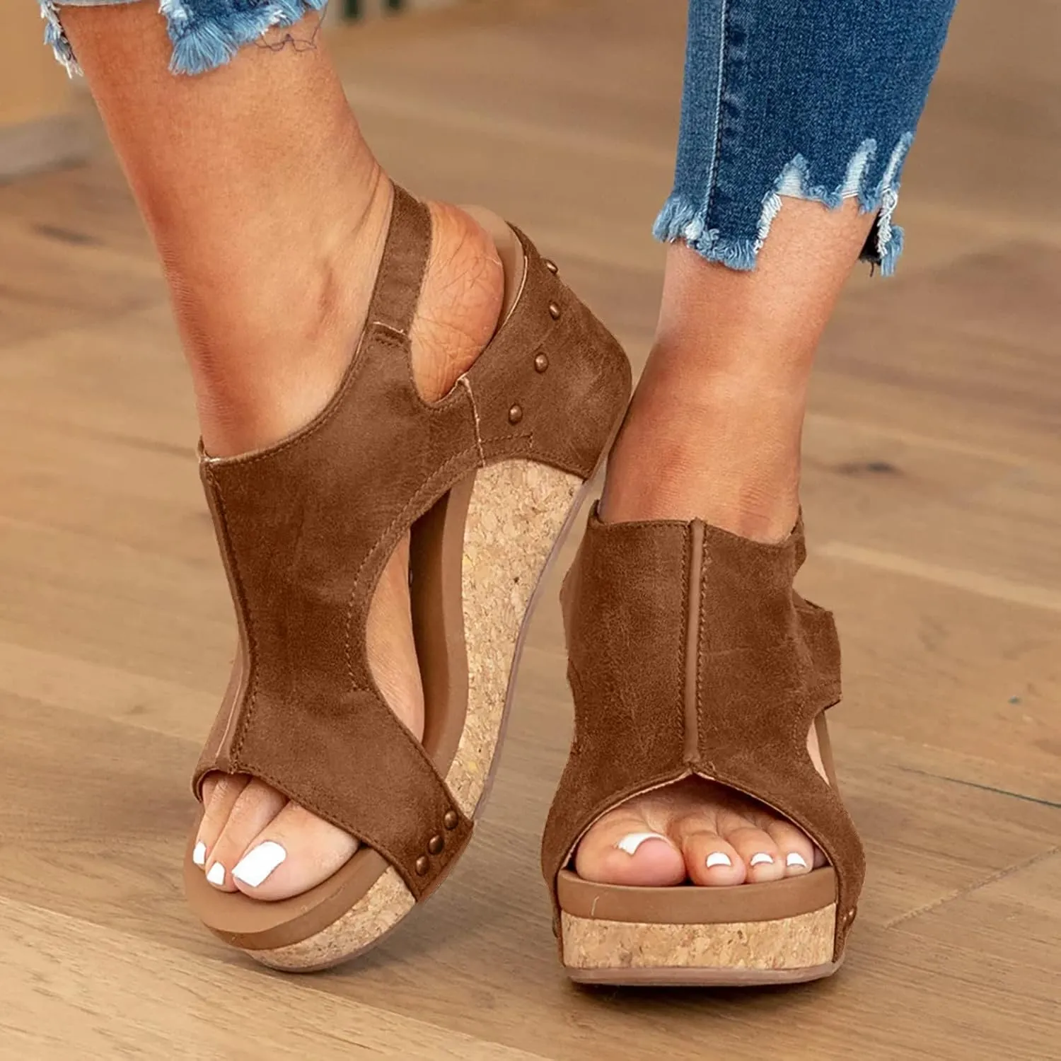Cathalem Womens Sandals 2024,Womens Open Toe Espadrilles Platform Sandals Ankle Strap Low Wedges Walking Slip on Sandals