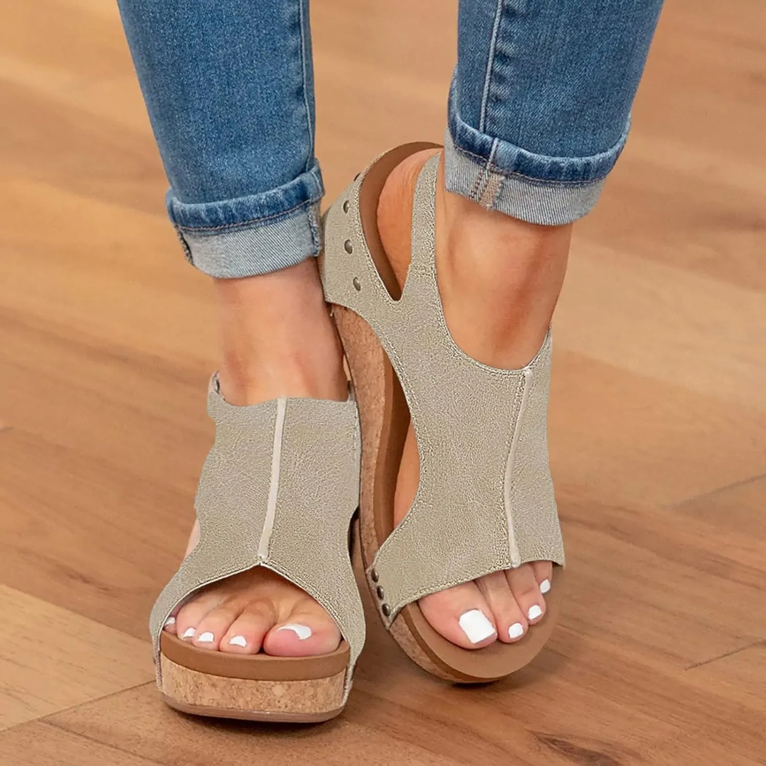 Cathalem Womens Sandals 2024,Womens Open Toe Espadrilles Platform Sandals Ankle Strap Low Wedges Walking Slip on Sandals