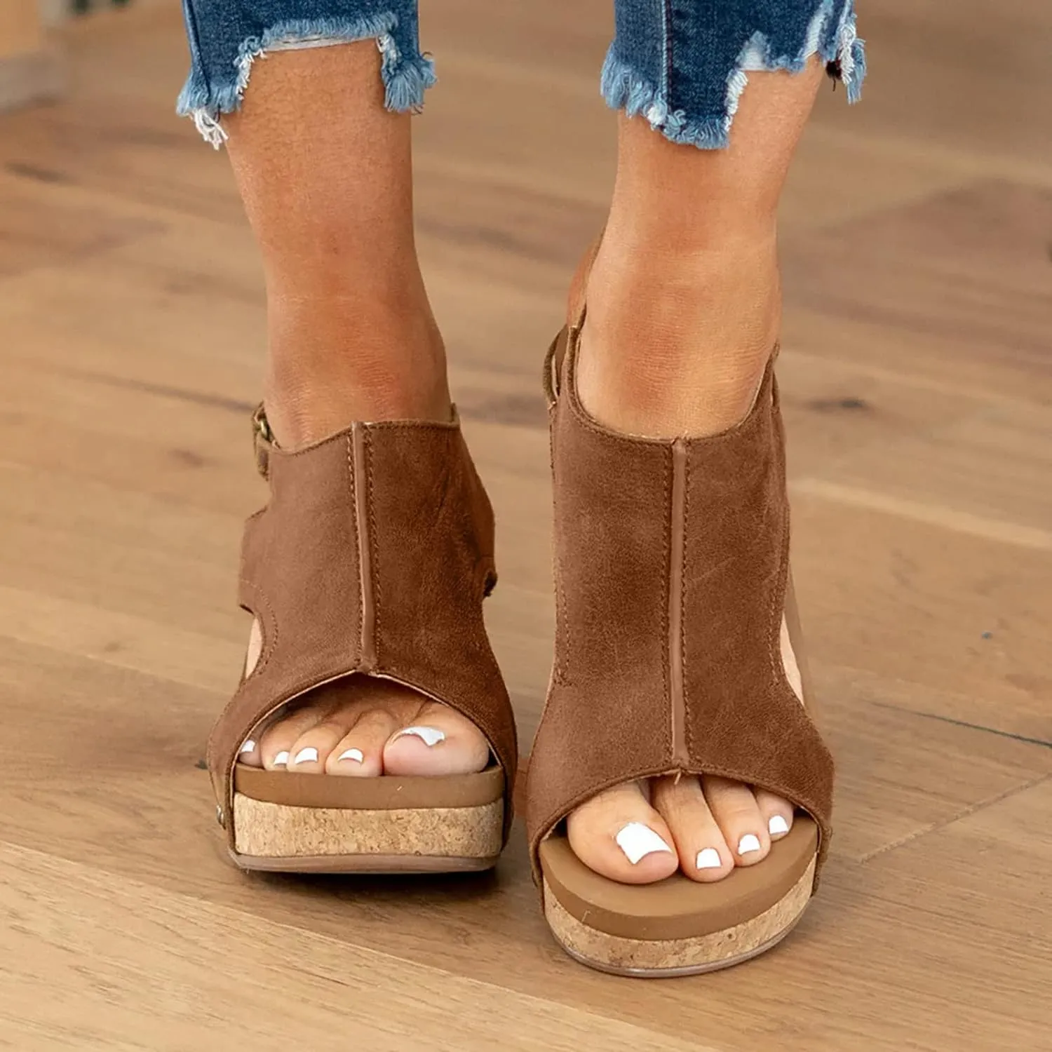 Cathalem Womens Sandals 2024,Womens Open Toe Espadrilles Platform Sandals Ankle Strap Low Wedges Walking Slip on Sandals