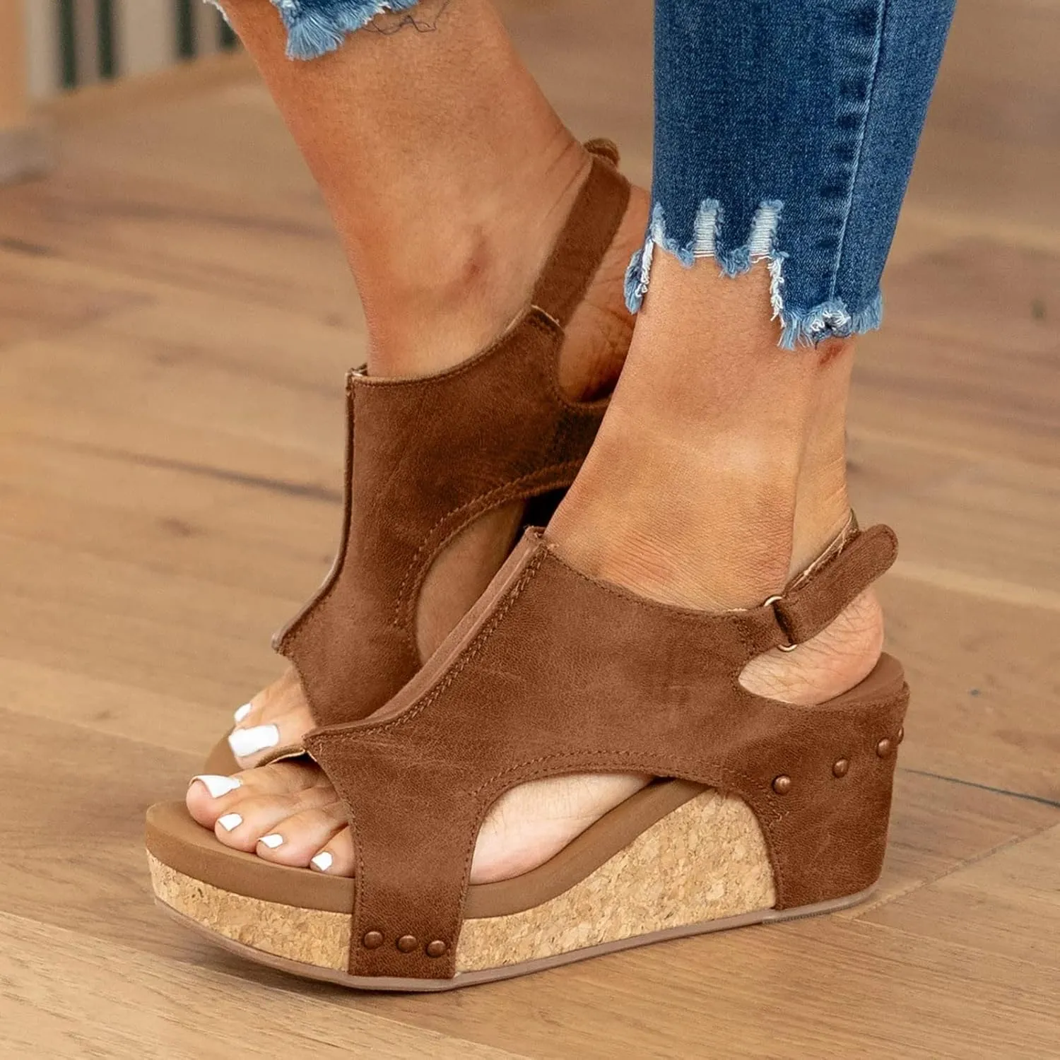 Cathalem Womens Sandals 2024,Womens Open Toe Espadrilles Platform Sandals Ankle Strap Low Wedges Walking Slip on Sandals