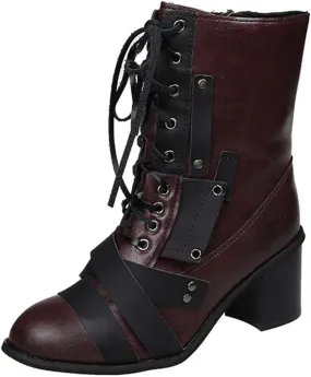 Chunky Boots for Women Mid Calf Winter Vintage Pointed Toe Cross Lace Up Zipper Block Mid Heel Boots Retro Splicing Casual Ladies Shoes