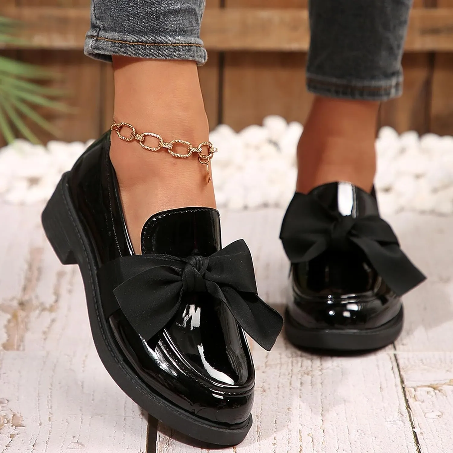 Chunky Loafers for Women Dressy Work Shoe Fashion Penny Loafer Slip on Business Shoes Bowknot Casual Work Shoes