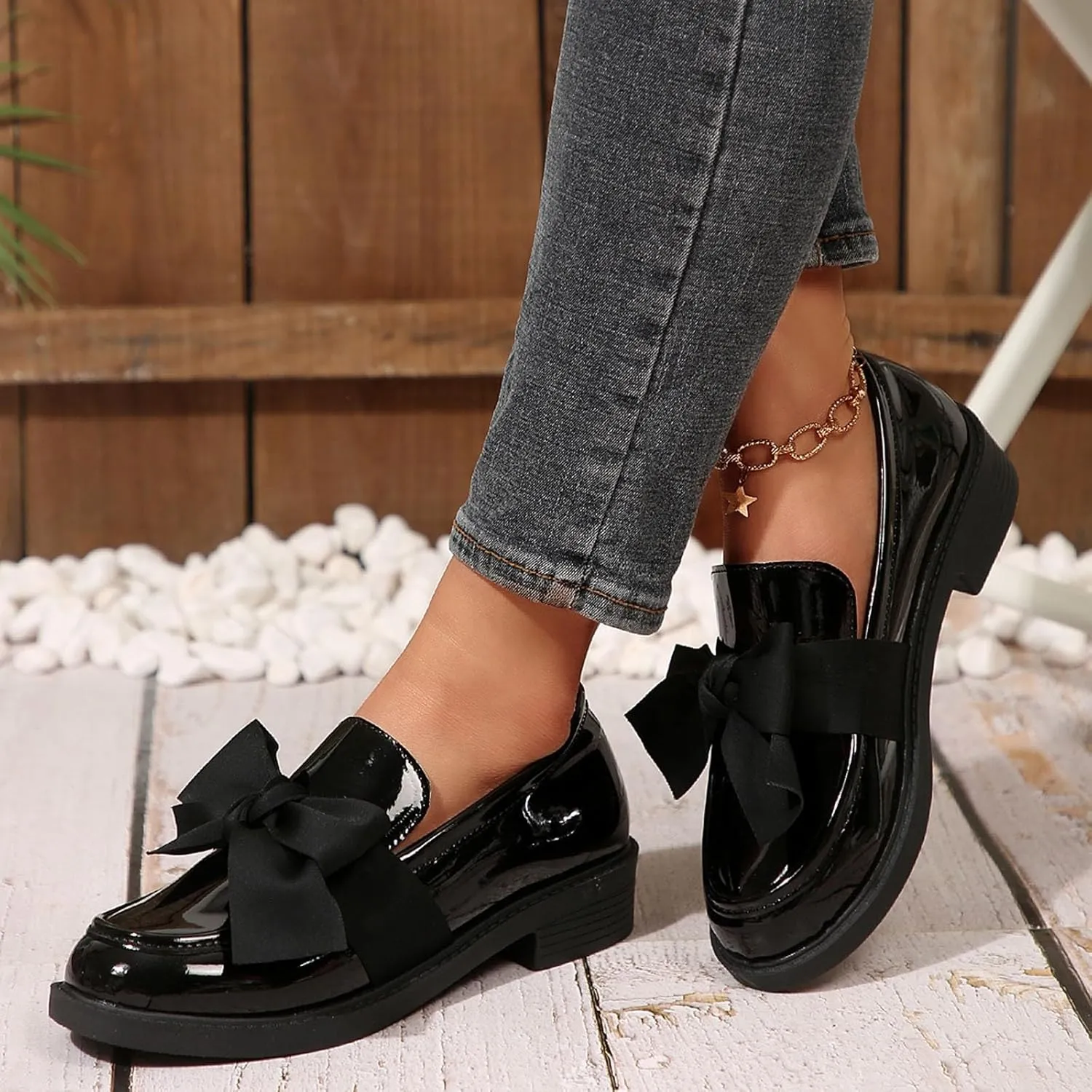 Chunky Loafers for Women Dressy Work Shoe Fashion Penny Loafer Slip on Business Shoes Bowknot Casual Work Shoes
