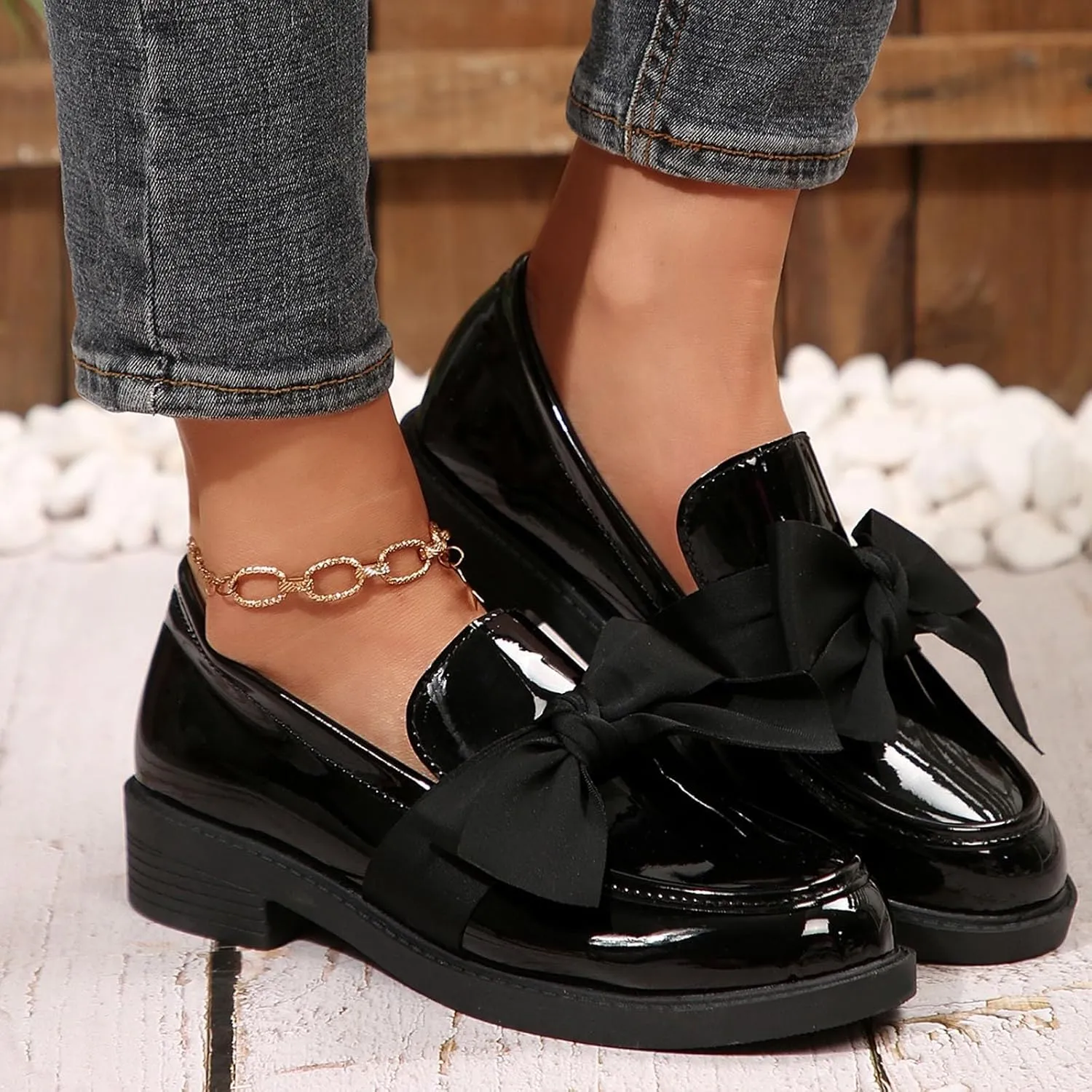 Chunky Loafers for Women Dressy Work Shoe Fashion Penny Loafer Slip on Business Shoes Bowknot Casual Work Shoes