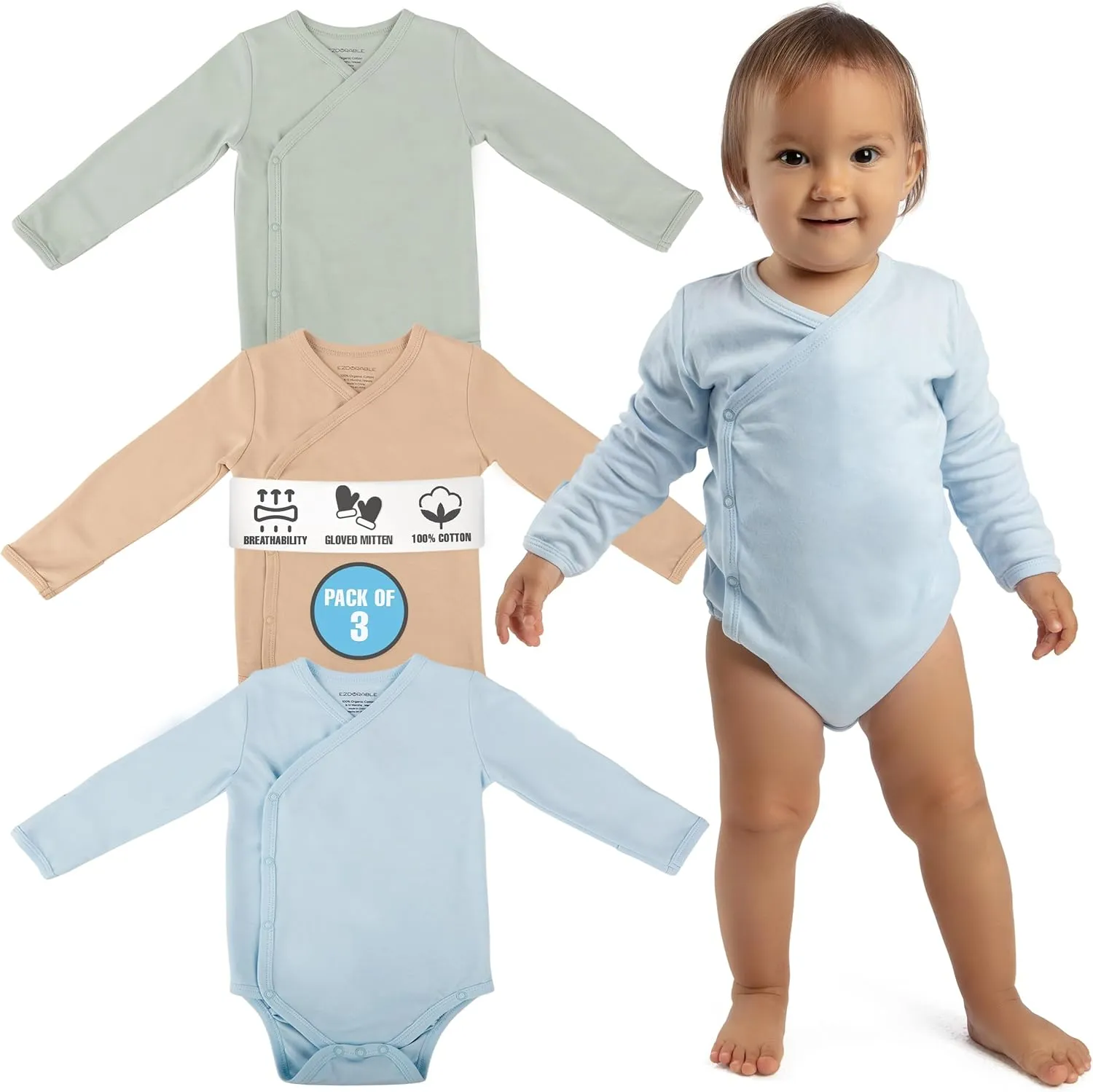 Cotton Kimono Baby Onesies - Girl & Boy Baby Clothes with Mitten Cuffs, Nickel-Free Snaps Newborn Onesies Unisex