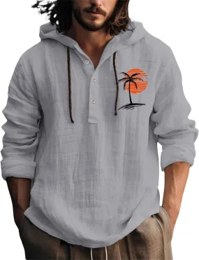 Cotton Linen Shirts for Men Breathable Quick Dry Lace Up Button Down Hooded Pullover Summer Casual Beach Hippie Shirt