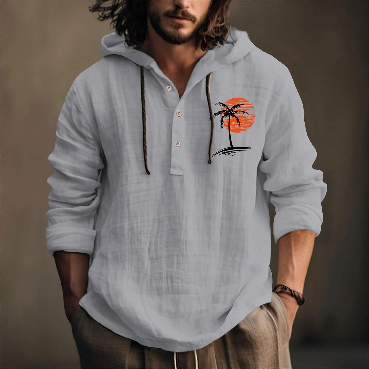 Cotton Linen Shirts for Men Breathable Quick Dry Lace Up Button Down Hooded Pullover Summer Casual Beach Hippie Shirt