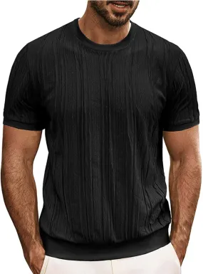 Cotton Linen Shirts for Men Casual Round Neck Short Sleeve T-Shirts Solid Loose Pullover Top Jacquard Knit Tees