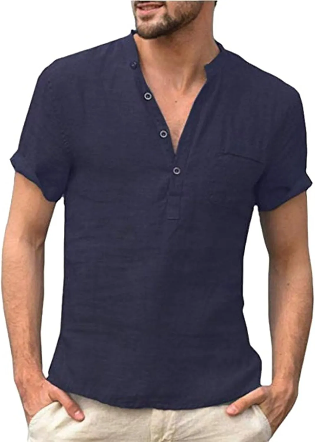 Cotton Linen Short Sleeve Shirts for Men Vintage Lightweight Button Up Hawaiian Beach T-Shirts Casual Pullover Tees