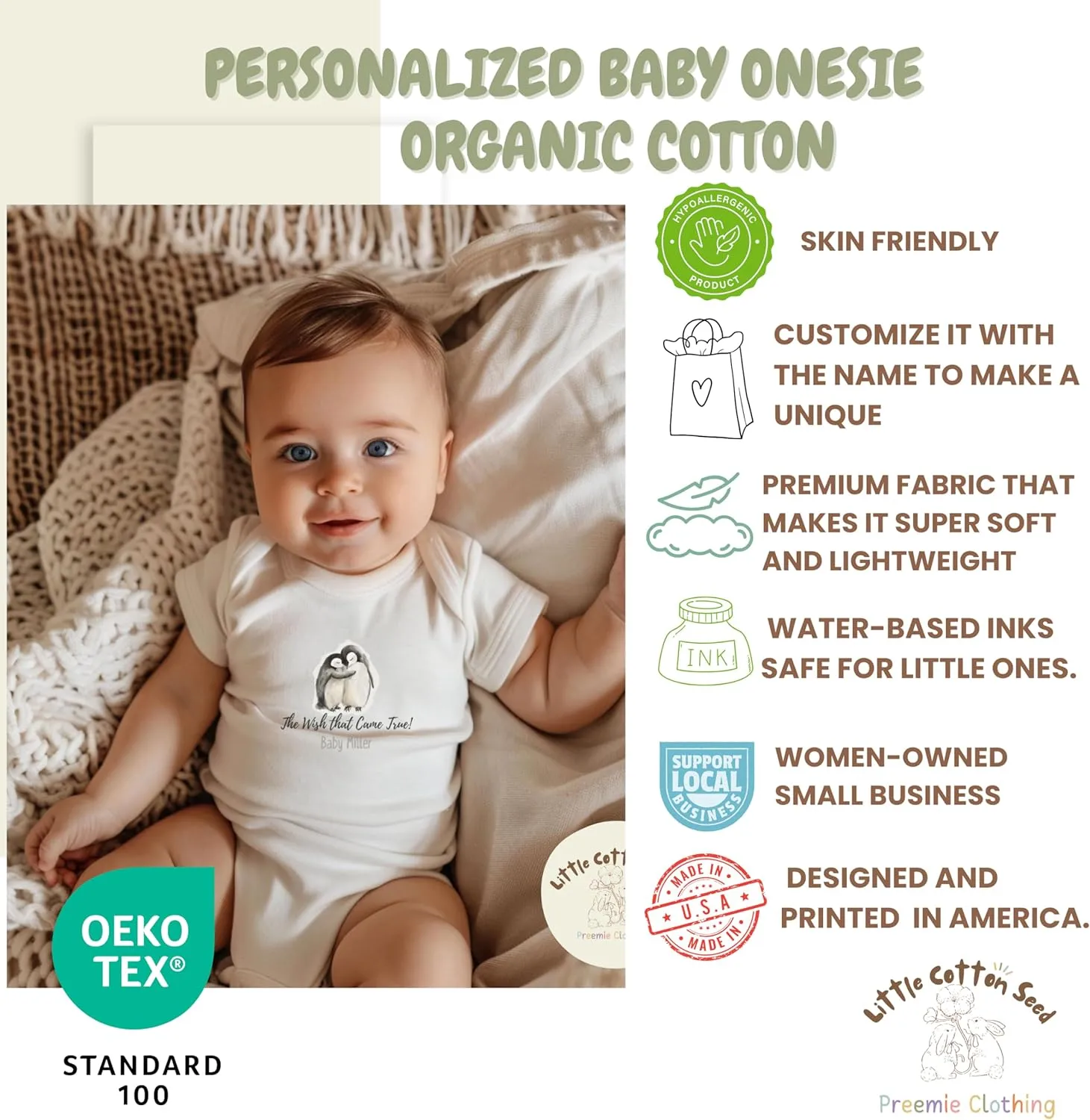 Custom Baby Onesie – Organic Baby Clothes- Personalized Bodysuit Baby Girl & Boy - Preemie Clothes, Customized baby gifts