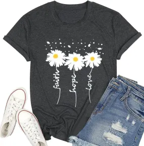 Cute Faith Hope Love T-Shirts for Womens Daisy Graphic Tee Funny Inspirational Letter Print Tops