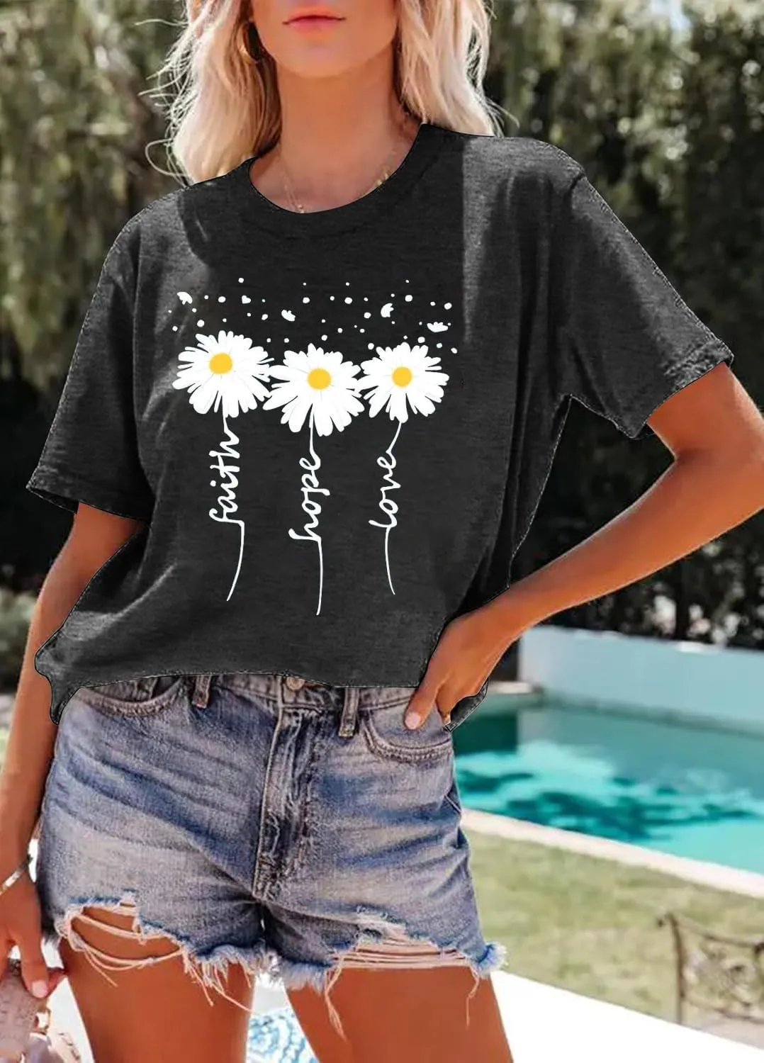 Cute Faith Hope Love T-Shirts for Womens Daisy Graphic Tee Funny Inspirational Letter Print Tops