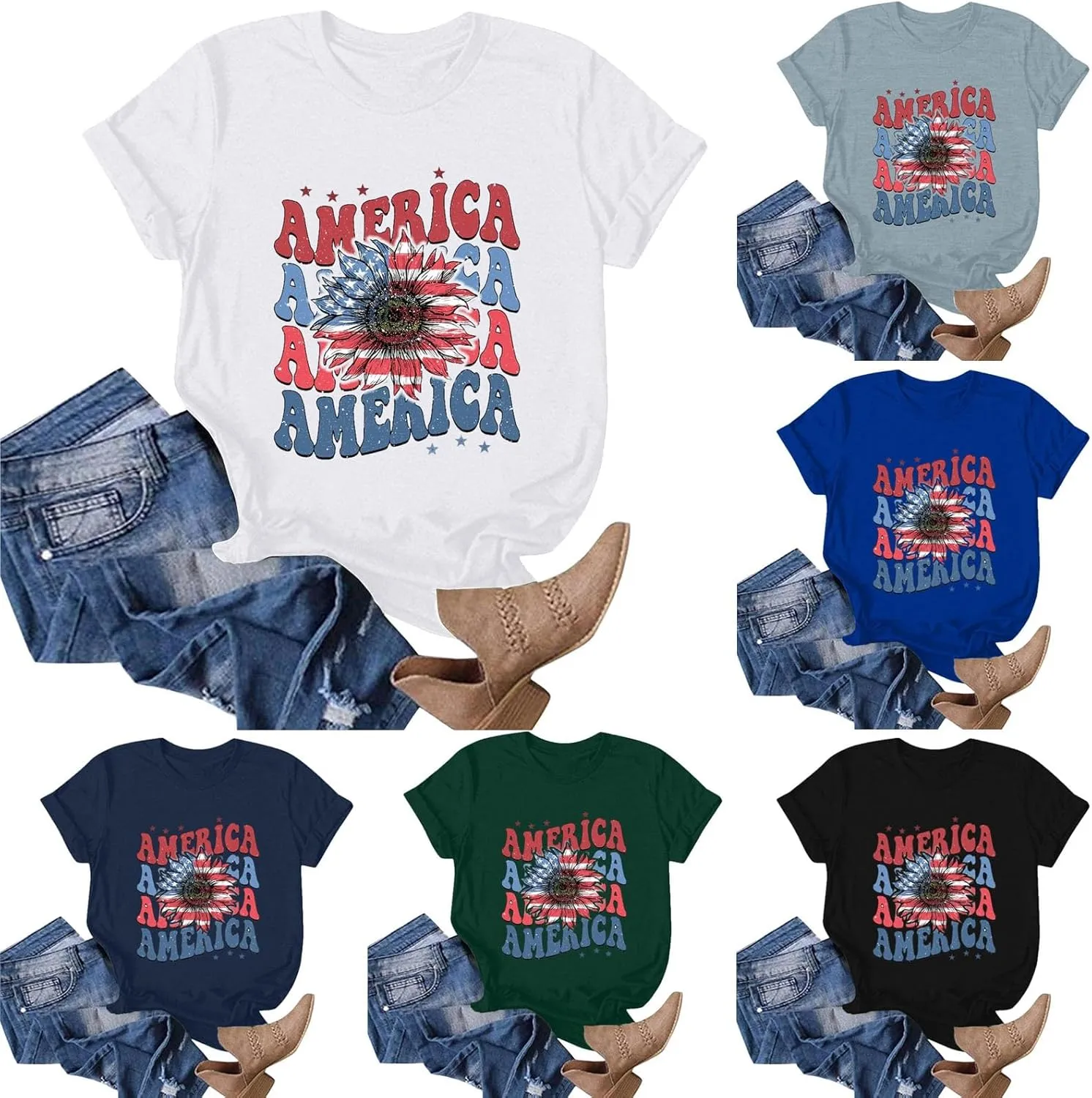 Cute T Shirts for Girls 10-12 Years Old Crew Neck Casual Floral American Flag Tops Short Sleeve Tees Shirts Cotton Blouses