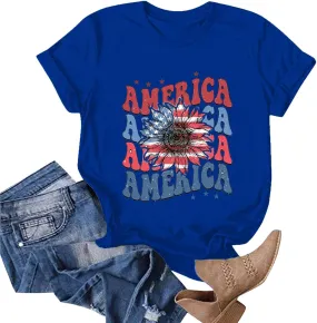 Cute T Shirts for Girls 10-12 Years Old Crew Neck Casual Floral American Flag Tops Short Sleeve Tees Shirts Cotton Blouses