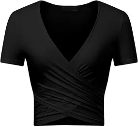 Deep V Neck Short Sleeve womens tops and blouses Unique Solid Slim Fit Coss Wrap Summer Shirts Summer Slim Sexy Crop Tops