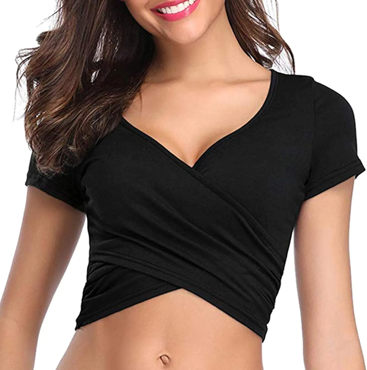 Deep V Neck Short Sleeve womens tops and blouses Unique Solid Slim Fit Coss Wrap Summer Shirts Summer Slim Sexy Crop Tops
