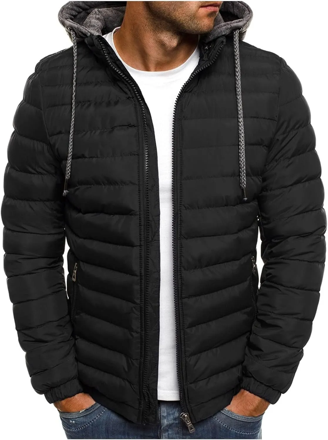 Dgoopd Puffer Jacket Men Lightweight Winter Down Coat Packable Quilted Puffer Jacket Zip up Warm Outerwear Hooded Padded Coat