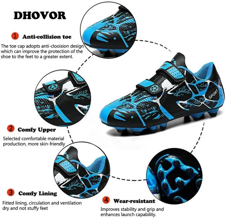 DHOVOR Boys Girls Soccer Shoes Youth Football Trainers Non-Slip Lightweight Football Cleats Football Shoes for Kids Indoor/Outdoor/Competition/Unisex