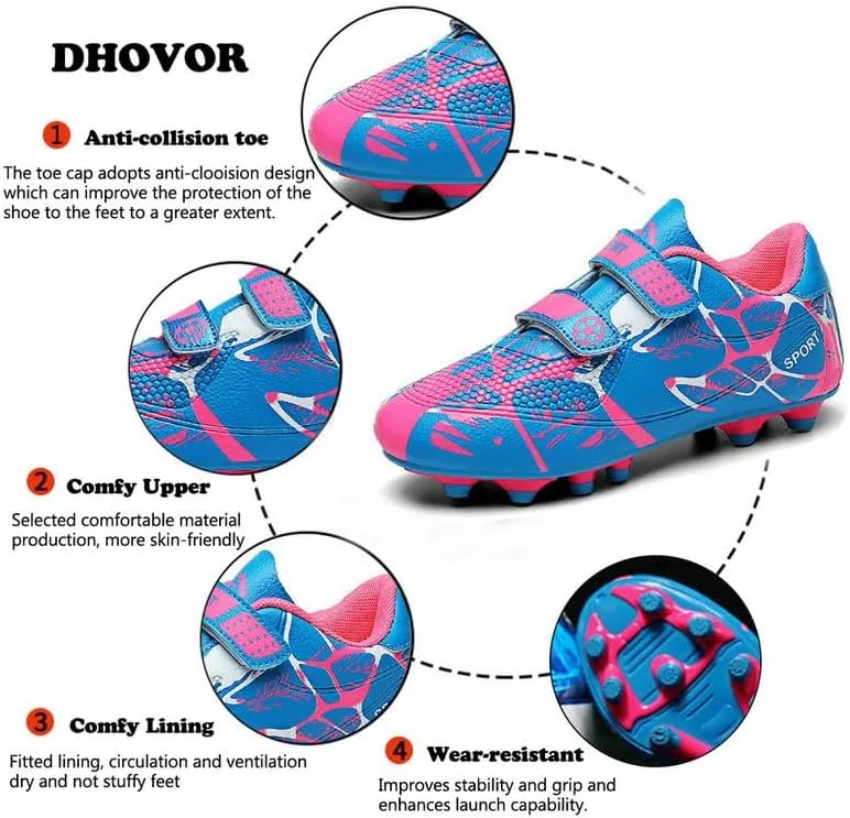 DHOVOR Boys Girls Soccer Shoes Youth Football Trainers Non-Slip Lightweight Football Cleats Football Shoes for Kids Indoor/Outdoor/Competition/Unisex