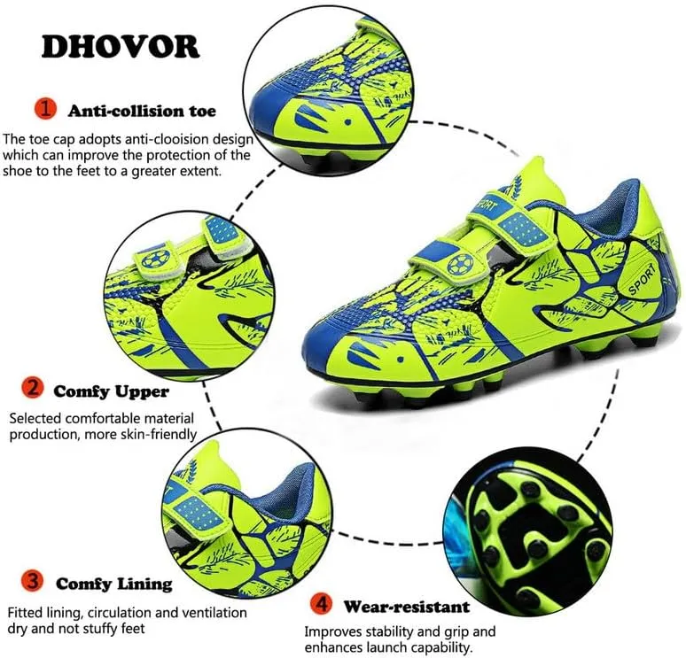 DHOVOR Boys Girls Soccer Shoes Youth Football Trainers Non-Slip Lightweight Football Cleats Football Shoes for Kids Indoor/Outdoor/Competition/Unisex