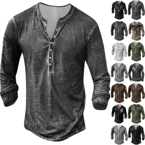 Distressed Henley Shirts for Men Retro Cool Button Up Long Sleeve Tee Shirts Slim Fit Washed Funny Graphic T-Shirts