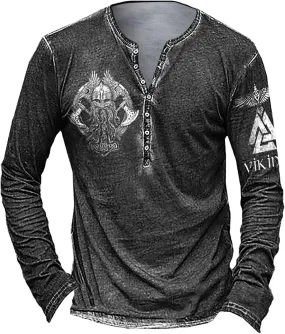 Distressed Henley Shirts for Men Retro Cool Button Up Long Sleeve Tee Shirts Slim Fit Washed Funny Graphic T-Shirts