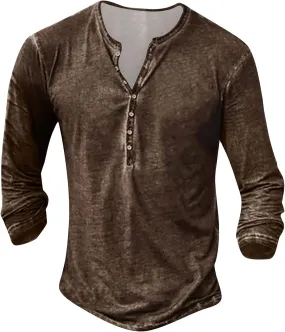 Distressed Henley Shirts for Men Retro Cool Button Up Long Sleeve Tee Shirts Slim Fit Washed Funny Graphic T-Shirts
