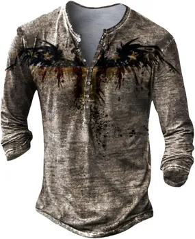 Distressed Henley Shirts for Men Retro Cool Button Up Long Sleeve Tee Shirts Slim Fit Washed Funny Graphic T-Shirts