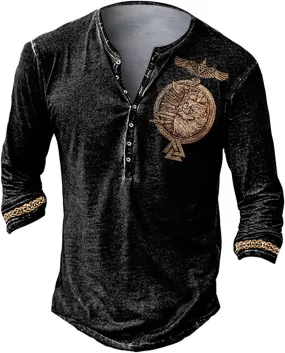 Distressed Henley Shirts for Men Retro Cool Button Up Long Sleeve Tee Shirts Slim Fit Washed Funny Graphic T-Shirts