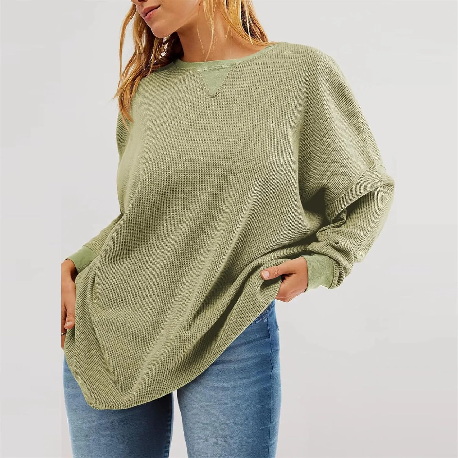 Dressy Tops for Women Waffle Knit Solid Color V-Neck Shirts Fashion Casual Slim Fit Blouses Loose Comfy Tunics Tees