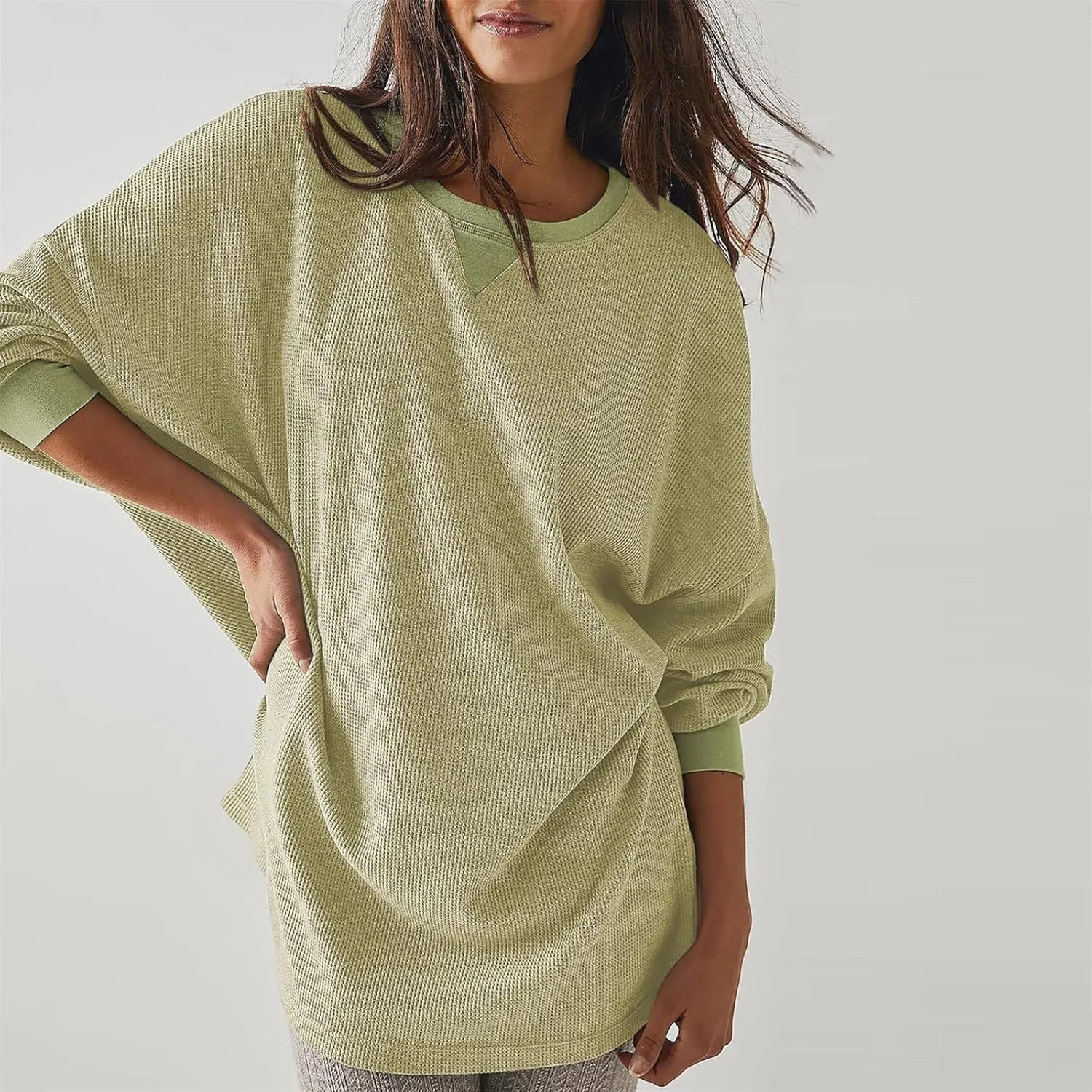 Dressy Tops for Women Waffle Knit Solid Color V-Neck Shirts Fashion Casual Slim Fit Blouses Loose Comfy Tunics Tees