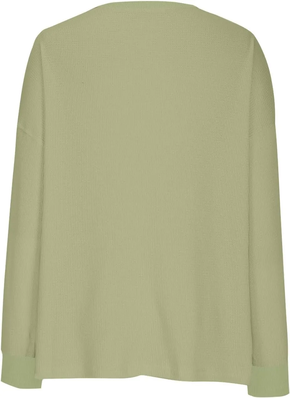 Dressy Tops for Women Waffle Knit Solid Color V-Neck Shirts Fashion Casual Slim Fit Blouses Loose Comfy Tunics Tees