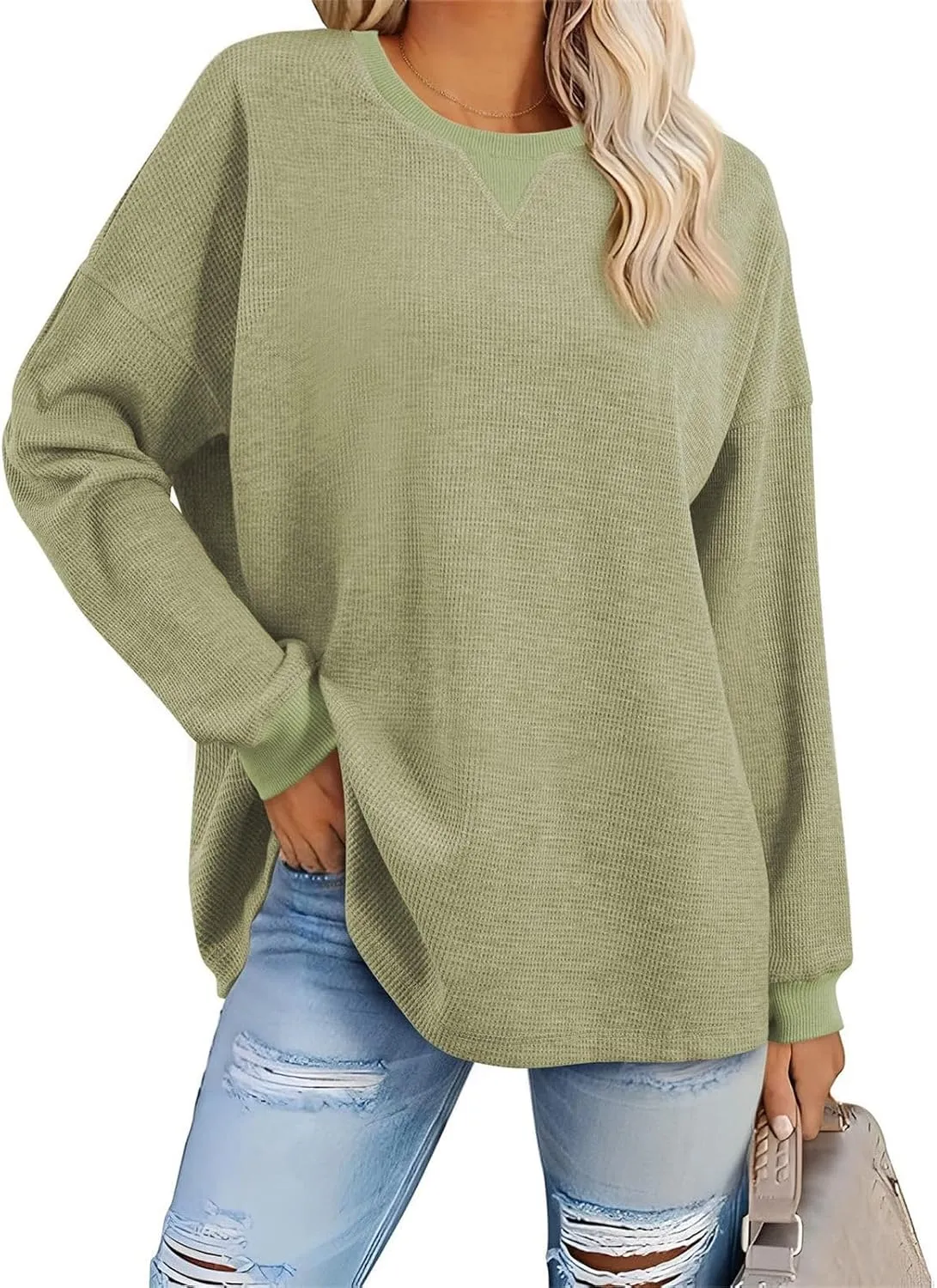 Dressy Tops for Women Waffle Knit Solid Color V-Neck Shirts Fashion Casual Slim Fit Blouses Loose Comfy Tunics Tees