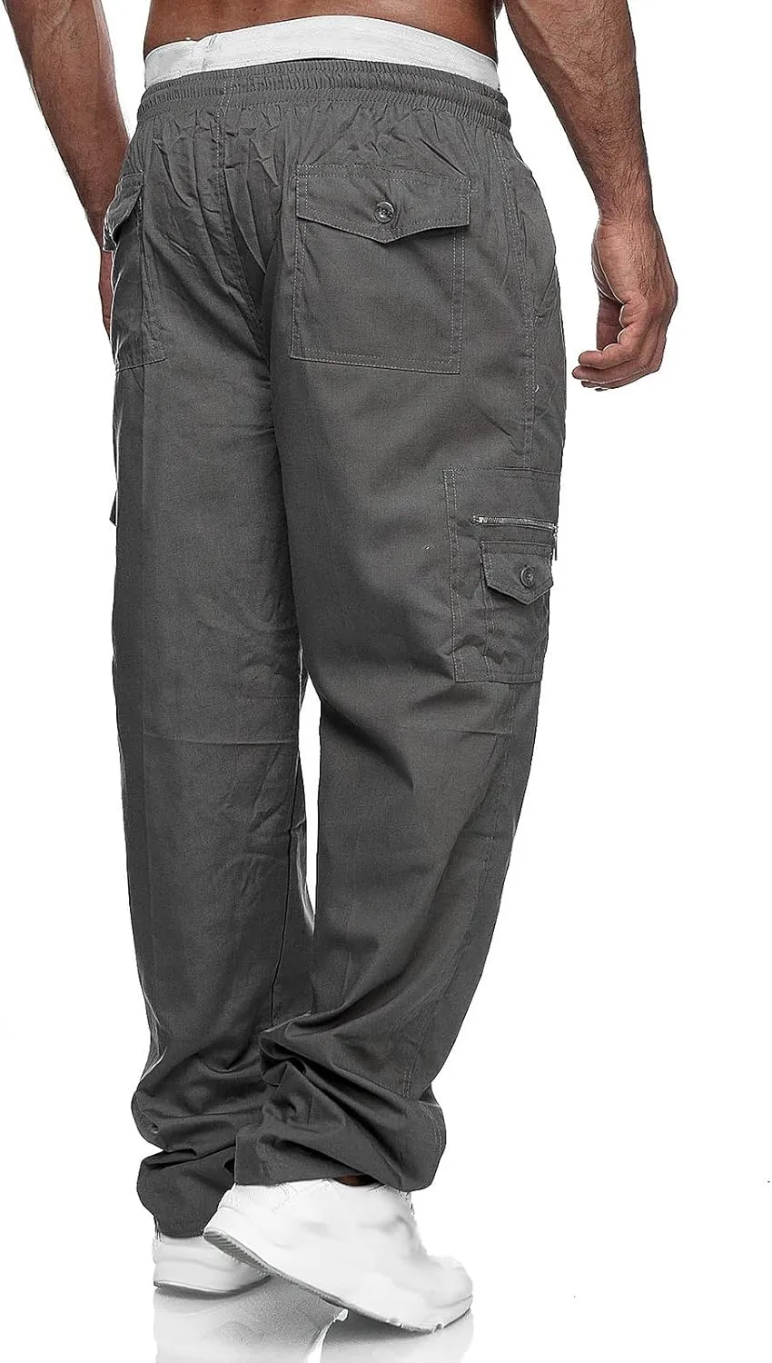 DuDubaby Mens Cargo Pants Mens Lounge Pants Fashion Casual Solid Color Elastic Pocket Overalls Pants