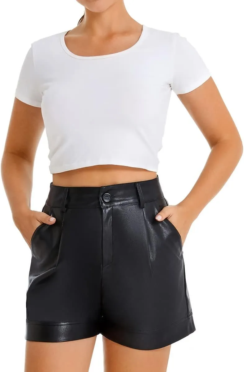 Everbellus High Waisted Faux Leather Shorts Womens Pockets Wide Leg Shorts
